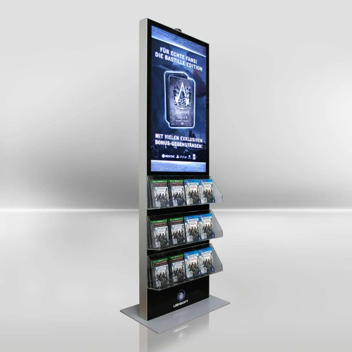 Das Digitale PoS-Display für unseren Kunden Ubisoft besteht aus einem hochkant eingebautem 47 Zoll Bildschirm und drei darunter angebauten DVD-Ablagen.